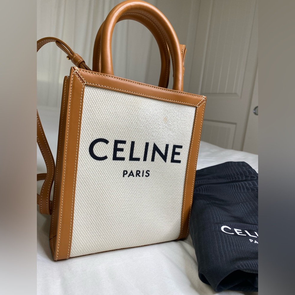 Celine canvas Vertical mini cabas Satchel brown Tan Black  w/dust bag